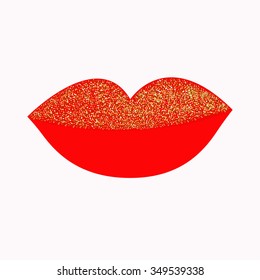 Big full thick red lips with gold glitter on white background. Isolated Flat design Vector illustration
