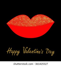 Big full thick red lips with gold glitter on black background. Isolated Flat design Happy Valentines Day. Love card. Vector illustration