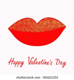 Big full thick red lips with gold glitter on white background. Isolated Flat design Happy Valentines Day. Love card. Vector illustration