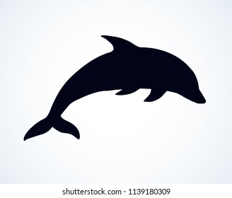 Big fun cheerful cetacean breach on light backdrop. Dark ink hand drawn funny pet pictogram logotype emblem in art retro etching contour print style on paper space for text. Side view