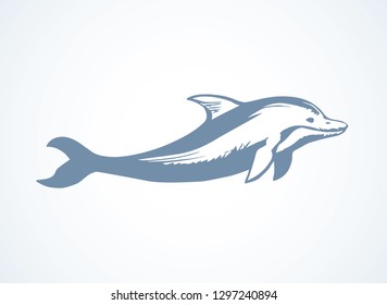 Big fun cheerful cetacean breach on light backdrop. Outline dark ink hand drawn funny pet pictogram logotype emblem sketchy in art retro engrave doodle style pen on paper space for text. Side view