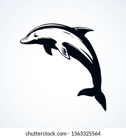 Big fun cheerful cetacean breach on light backdrop. Dark ink hand drawn funny pet pictogram logotype emblem in art retro etching contour print style pen on paper space for text. Side view