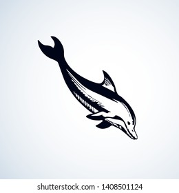 Big fun cheerful cetacean breach on light backdrop. Outline dark ink hand drawn funny pet pictogram logotype emblem sketchy in art retro engrave doodle style pen on paper space for text. Side view