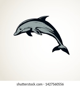 Big fun cheerful cetacean breach on light backdrop. Outline dark ink hand drawn funny pet pictogram logotype emblem sketchy in art retro engrave doodle style pen on paper space for text. Side view