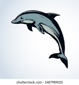 Big fun cheerful cetacean breach on light backdrop. Outline dark ink hand drawn funny pet pictogram logotype emblem sketchy in art retro engrave doodle style pen on paper space for text. Side view