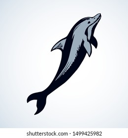 Big fun cheerful cetacean breach on light backdrop. Outline dark ink hand drawn funny pet pictogram logotype emblem sketchy in art retro engrave doodle style pen on paper space for text. Side view