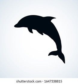 Big fun cheerful cetacean breach on light backdrop. Dark ink hand drawn funny pet pictogram logotype emblem insignia design in art retro etching contour print style on paper space for text. Side view