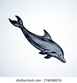 Big fun cheerful cetacean breach on light backdrop. Outline dark ink hand drawn funny pet pictogram logotype emblem sketchy in art retro engrave doodle style pen on paper space for text. Side view