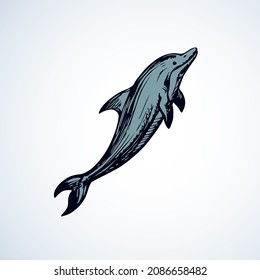 Big fun cheerful cetacean breach on light backdrop. Outline dark ink hand drawn funny pet pictogram logotype emblem sketchy in art retro engrave doodle style pen on paper space for text. Side view