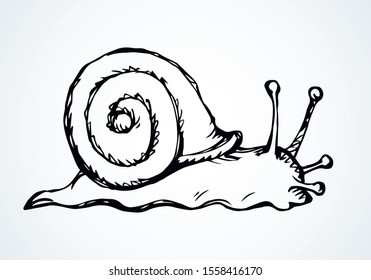 Big fun cochlea on light backdrop. Freehand linear dark ink hand drawn creative pictogram emblem design insignia element concept in retro art doodle print style pen on paper text space. Close up view