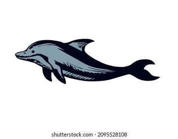 Big fun side view cheerful cetacean breach light paper text space backdrop. Outline dark ink pen hand drawn funny whale beast pet pictogram logotype emblem design art retro engrave doodle print style