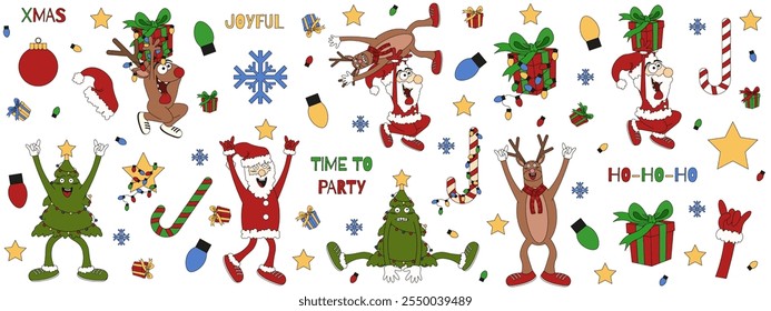 Big Funky Christmas Characters set isolated white background. Santa claus Reindeer Christmas ball star tree in trendy flat Cartoonish style. Vector illustration for festive Xmas design. EPS 10 