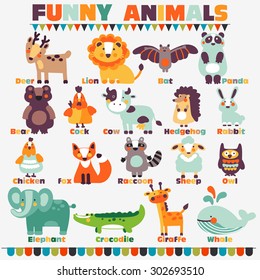 Big funny animal  set in bright colors made of wild and domestic animals with their names written beside them. Modern vector flat style. Ideal for cards, logo, labels and children room decoration