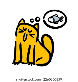 Big funny cat with closed eyes dreams about tasty fresh fish. Vector illustration of cute domestic animal pet.