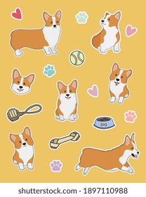 Big funny corgi stickers set. Great for greeting cards, design  and more.