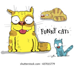 Big funny fat yellow cat and red cat is and blue the cat catches the bow.
