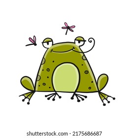 Gran rana graciosa con mosca. Aislado sobre fondo blanco. Caricatura para su diseño