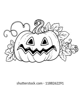 Big funny lantern from pumpkin with the cut out of grin and leaves outlined for coloring page
