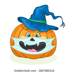 Big funny orange pumpkin in a medical mask and in a witch hat. Symbol of Halloween. Isolated on white background. Coronavirus epidemic concept. In cartoon style. Vector illustration.