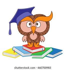Big funny ornate wise owl in the mortarboard cap sitting on the heap of books, cartoon vector illustration isolated on the white background
