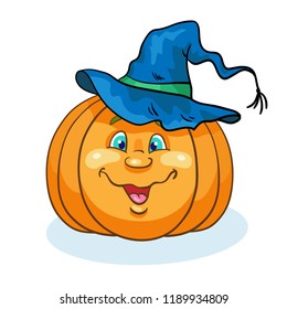 Big funny pumpkin in a witch hat. Symbol of Halloween. In cartoon style. Isolated on white background. Vector illustration