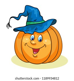 Big funny pumpkin in a witch hat. In cartoon style. Symbol of Halloween. Isolated on  white background. Vector illustration