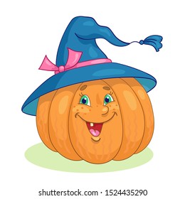 Big funny pumpkin in a witch hat. Symbol of Halloween. Isolated on a white background. In cartoon style.