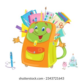 Big funny school bag, pen, pink eraser and bottle of glue stand together. In cartoon style. Items for children's education. Isolated on white background. Vector flat illustration