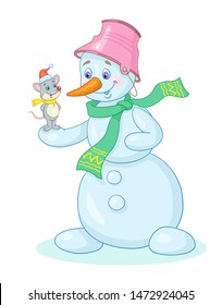 Big funny snowman with a little mouse in red cap on his hand.  In cartoon style. Isolated on a white background. Vector illustration.