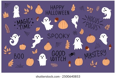 Big funny vector set for Halloween hand drawn with lettering. Cute illustration with ghosts, pumpkins, phrases, mushrooms, and autumn leaves.