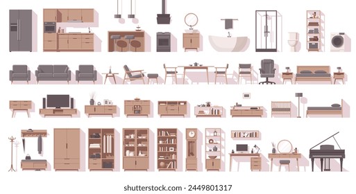 Big furniture set. Interior furniture. Flat furniture. Living room, bedroom, kitchen, bathroom furniture and other. Vector illustration