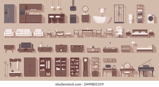 Big furniture set. Interior furniture. Flat furniture. Living room, bedroom, kitchen, bathroom furniture and other. Vector illustration