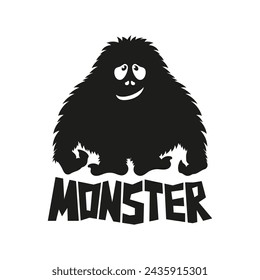 Big furry monster. Big Foot. Text, word, lettering. Black silhouette. Front view. Vector simple flat graphic illustration. Isolated object on a white background. Isolate.