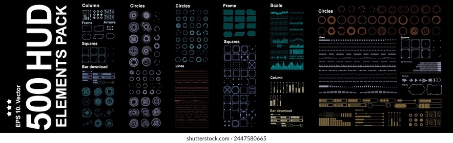 Big futuristic set of graphic elements for the HUD user interface. Circles, frames, arrows, pointers, lines and scales. Modern vector HUD elements set