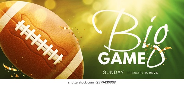 Big game championship banner with realistic classic brown leather 3d rugby ball and bright light on green background. Flyer for American football. Vector illustration