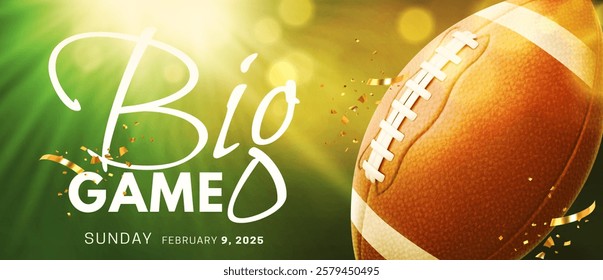 Big game championship banner with realistic classic brown leather 3d rugby ball and bright light on green background. Flyer for American football. Vector illustration