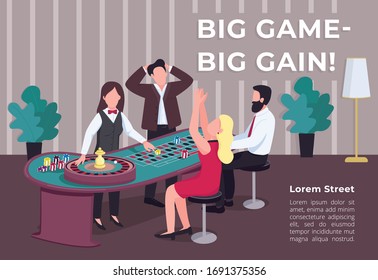 Big game big gain poster flat vector template. Man and woman near roulette table. Bet on red. Stake on black. Brochure, booklet one page concept design with cartoon characters. Casino flyer, leaflet