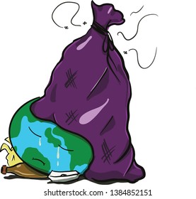 A Big garbage bag is on upset earth planet, Concept for Plastic awareness.