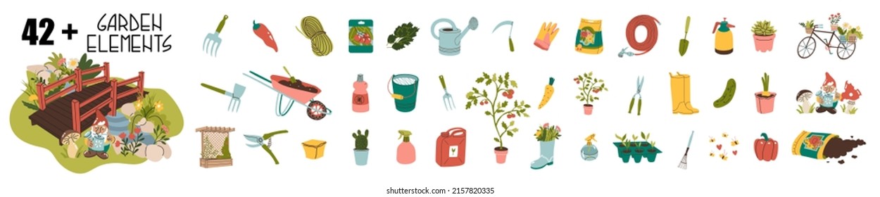 Big garden Collection. Tools and plants. Farmers craft. Home gardening, growing natural and ecological products. Water can, soil, cacti, rake, chopper, shovel. Flat style in vector illustration.