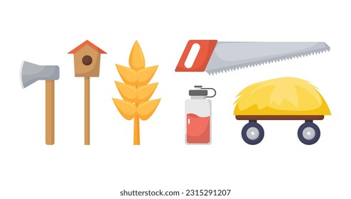 Gran colección de jardines. Herramientas y plantas. Los granjeros artesan. Jardinería doméstica, cultivo de productos naturales y ecológicos.casa de pájaro, orejas de arroz, lata de agua, carrito de paja
vi, ax.