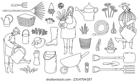 Gran esqueleto de vectores de jardín con jardineros, carrito, guantes, tijeras, latas de riego, plantas y otros.