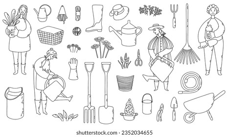 Big garden outline vector set with gardeners, cart, gloves, scissors, watering can, plants and other. Garten hobby