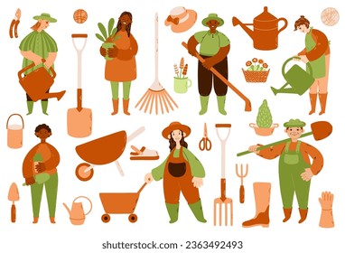 Big garden set with gardeners and tools. Watering can, cart, slipper shoes, plants, secateurs, basket and other. Vector illustration in green and orange colors.