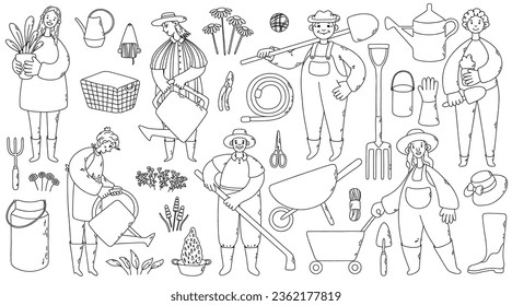 Big garden vector set with gardeners and tools: cart, gloves, scissors, rubber boots, watering can, hat and other. Outline illustration