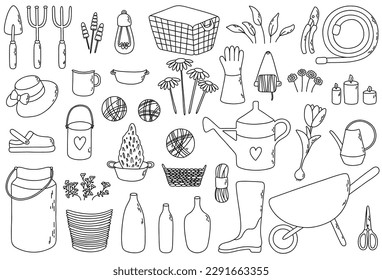 Big garden vector set with wheelbarrow, gloves, scissors, rubber boots, watering can and other. Outline illustration