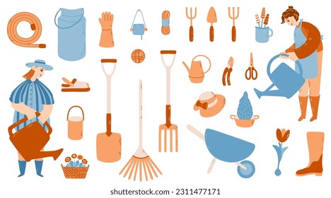 Big garden vector set with women gardeners, cart, gloves, scissors, rubber boots, watering can and other. Illustratin in blue abd brown colors