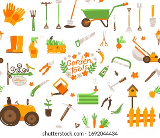 Big gardening collection icons set and design elements. Garden tools and decor collection, isolated pattern on a white background. Vector illustration.