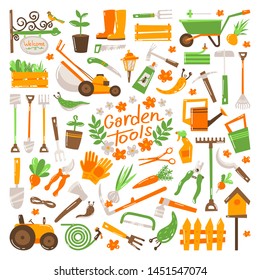 Big gardening icons set and design elements. Garden tools and decor collection, isolated on a white background. Vector illustration