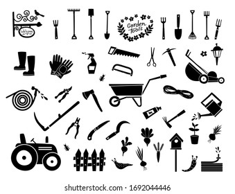 Big gardening icons set and design elements. Garden tools and decor collection, isolated vector on a white background.