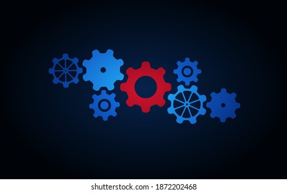 The big gear is red, and around it are smaller blue gears on a dark background .